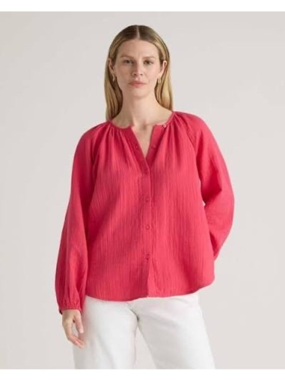 Quince Women's 100% Organic Cotton Gauze Peasant Blouse Size Medium Hot Pink